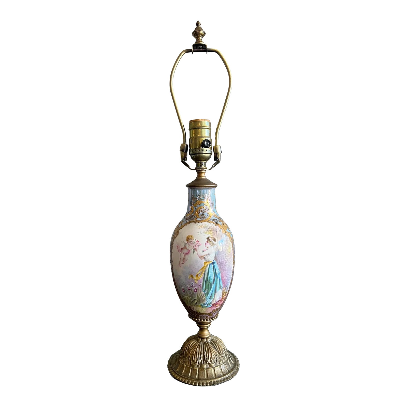 19th Century French Sevres Porcelain Table Lamp Signed: once a decorative piece in the 1900's, now a beautiful table lamp. Amazing craftmanship with delicately detailed painting woman receiving flowers from an angel. Irridescent background in blues and