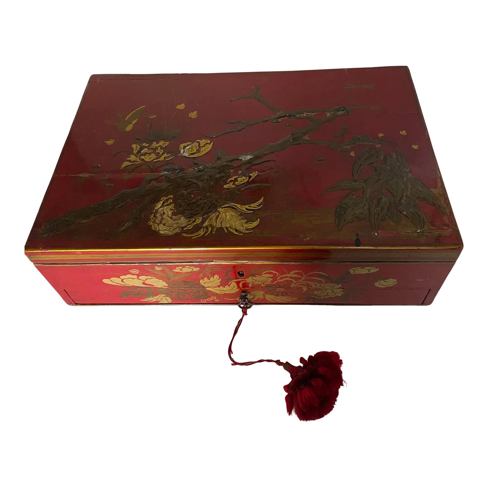 Late 19th Century Antique Red Lacquer Sewing Box (1 of 12)