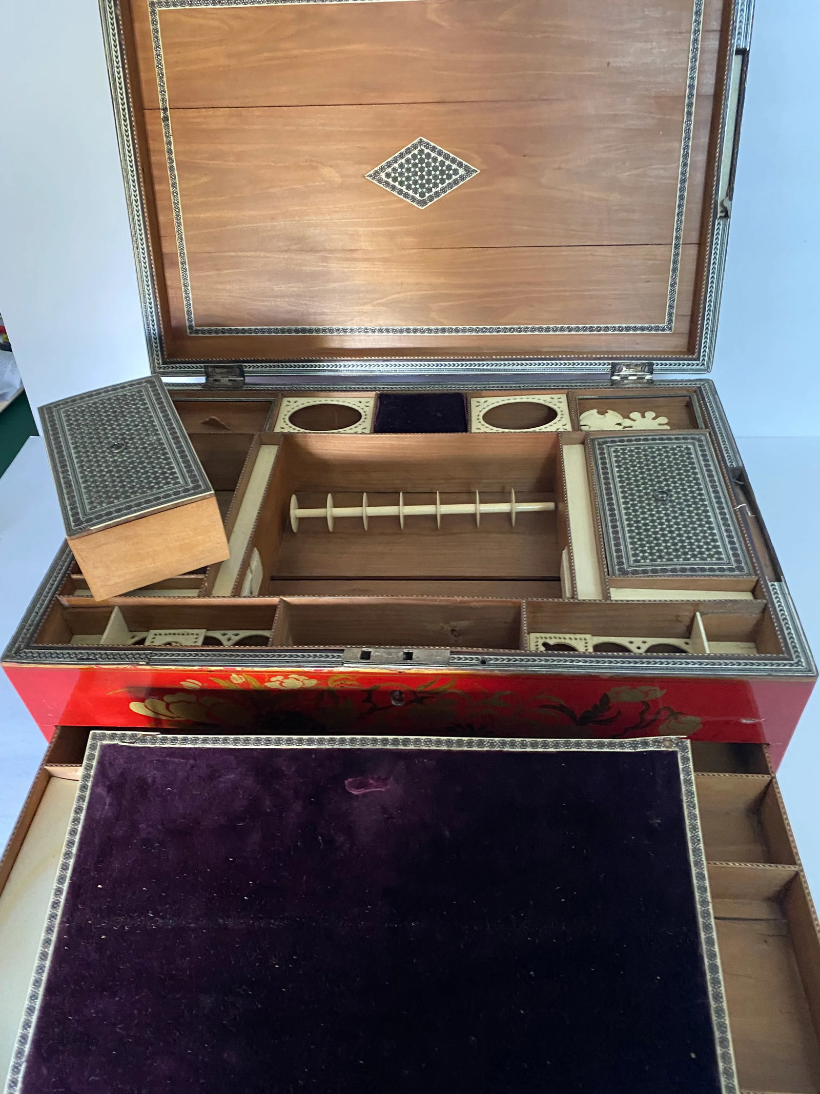 Late 19th Century Antique Red Lacquer Sewing Box - 4