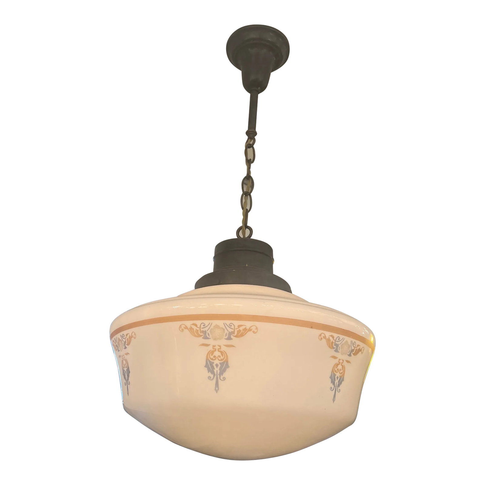 1920s Original Schoolhouse Shade With Design-Victorian Light: Beautiful 1920's victorian pendant. Oil rubbed bronze finish. Condition: Imperfections: Some Imperfections Condition Notes: Good condition. wear and tear due to it's age. Origin: United States
