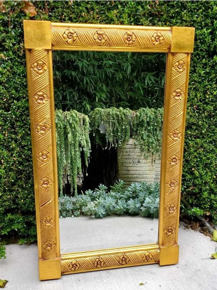 Antique Rectangular Decorative Carved Flower Giltwood Wall Hanging Mirror - 10