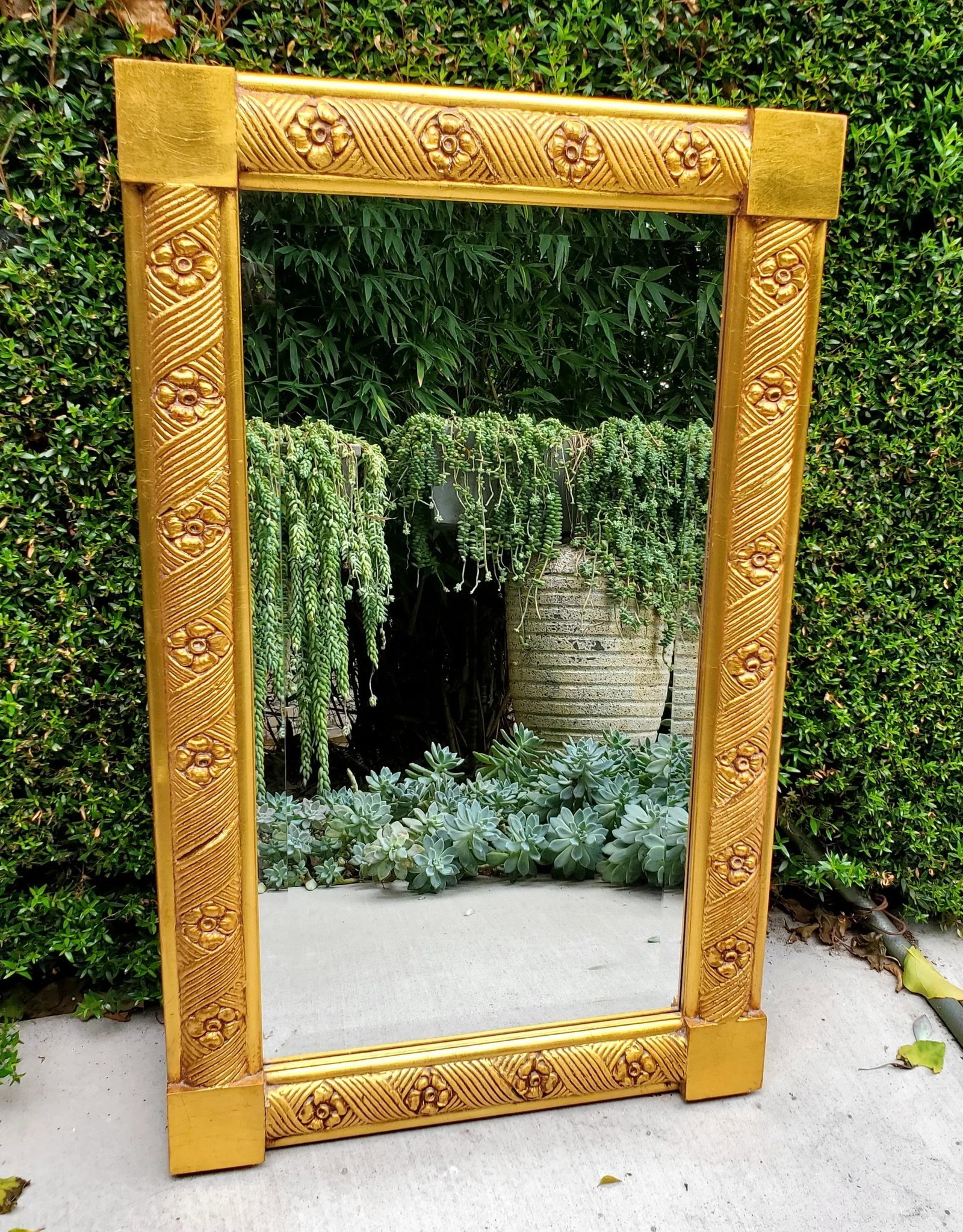 Antique Rectangular Decorative Carved Flower Giltwood Wall Hanging Mirror - 2