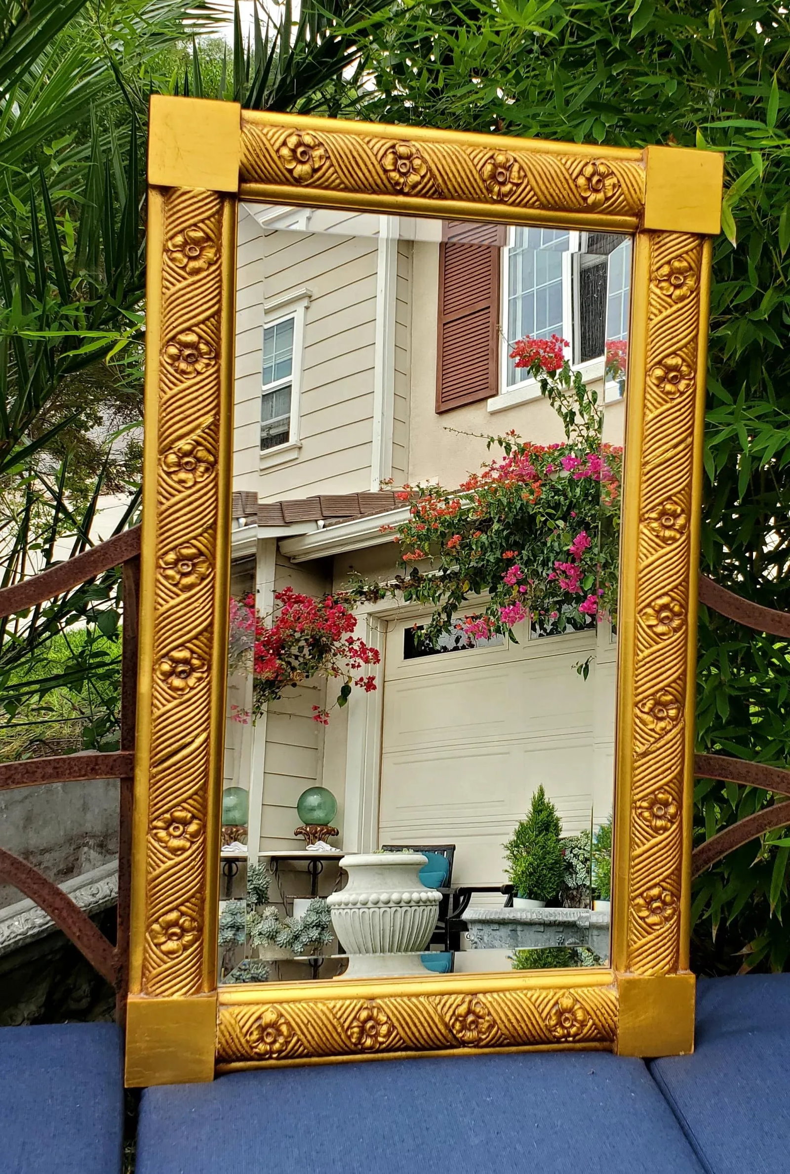 Antique Rectangular Decorative Carved Flower Giltwood Wall Hanging Mirror - 4
