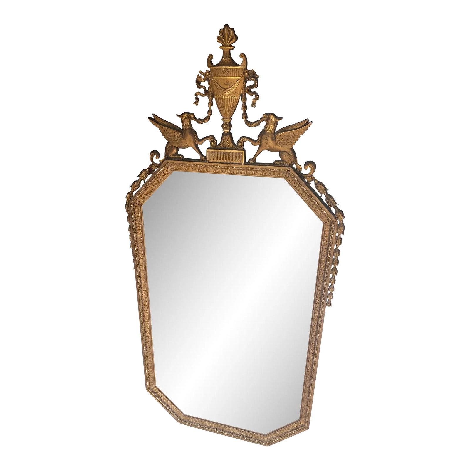 1960s Hollywood Regency Gold Gilt Wood & Geso Mirror: late 19th to mid 20th century empire Hollywood Regency style go girl just Amira having urns and griffins and draped leaves Condition: Alterations: Original Condition Unaltered Imperfections: Some