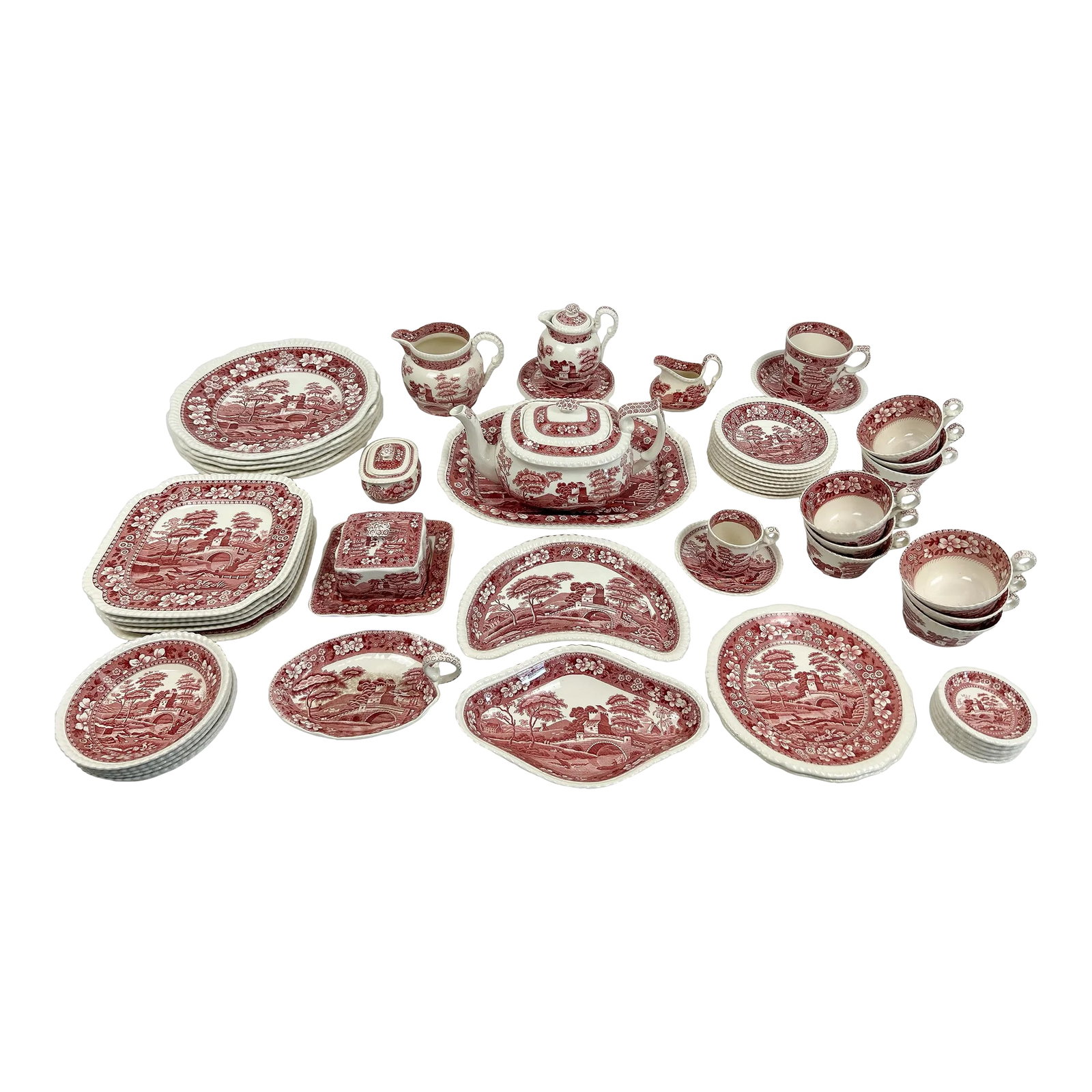 1930s Copeland Spode Pink Tower Collection- 55 Pieces: Copeland Spode Pink Tower collection. This collection is unique because of the size and the perfect dark pink color. With pieces ranging from the 1930s-1950s. It includes: -1 teapot -1 trivet -1