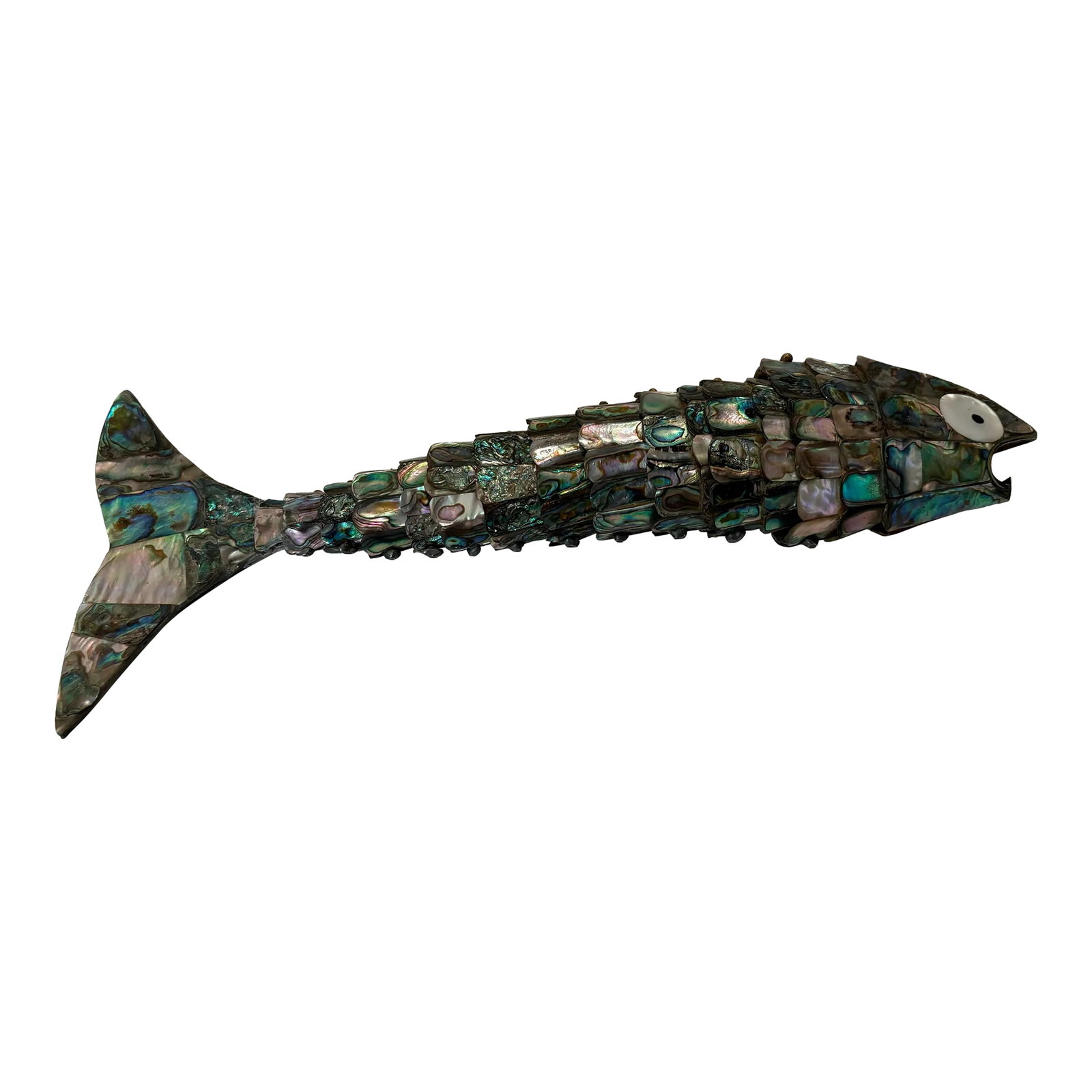 1960s Abalone in the Form of a Fish Articulated Bottle Opener: Mid-century modern articulated abalone model of a fish. It can be used as a bottle opener please note this is enormous at 13 inches. Condition: Alterations: Original Condition Unaltered Imperfections: