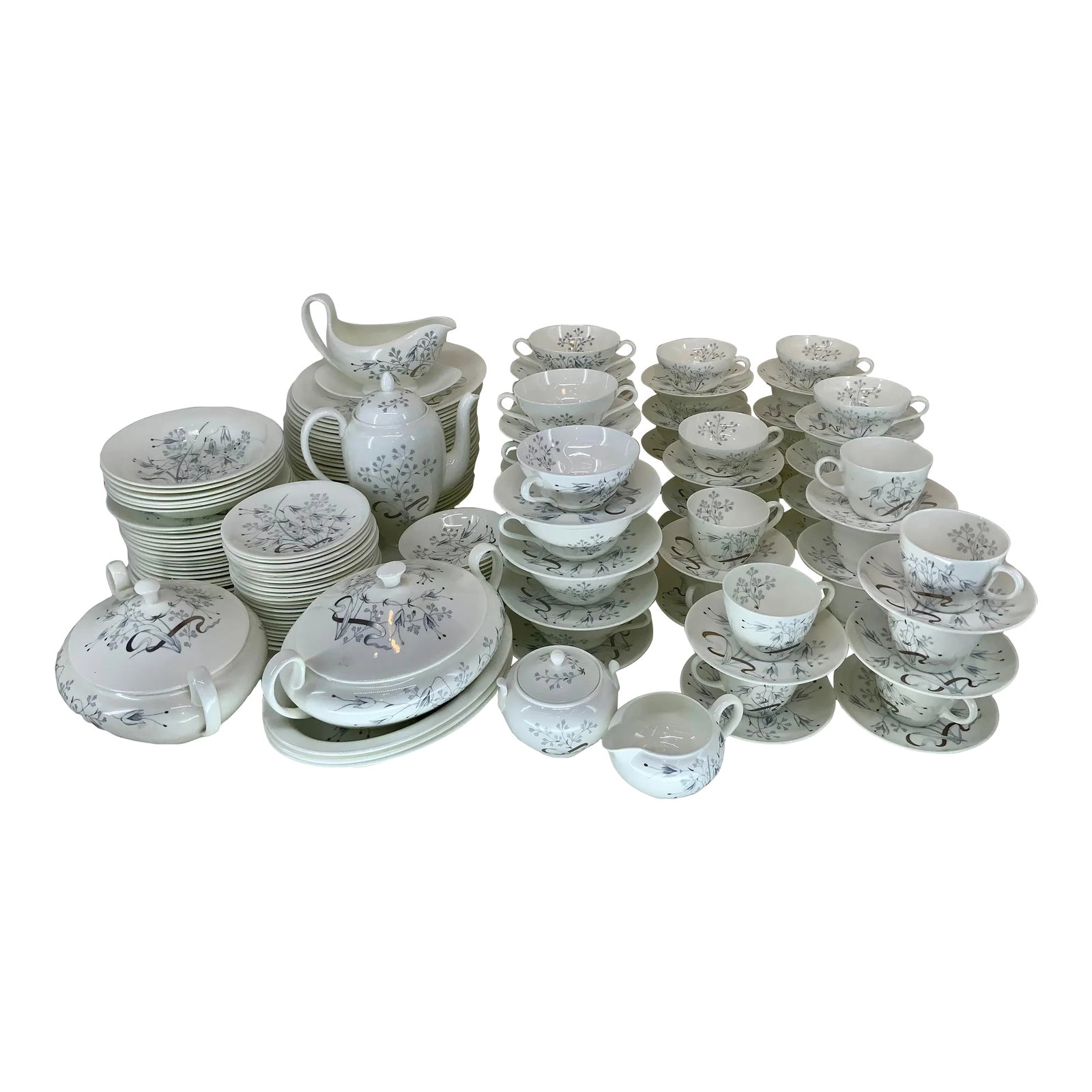 Huge Set of Wedgwood Bone China in Wild Oats Pattern: Over 170 pieces of vintage( 1952-1965) china in like-new condition . Silver-gray floral design with silver ribbon on Snow White background . Clean and elegant midcentury lines. Set was in storage sinc