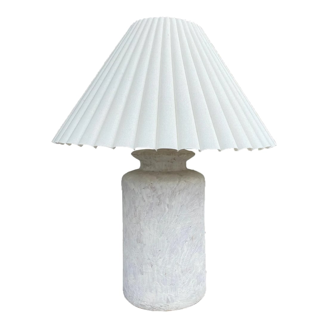 Vintage Hand-Painted Ceramic Lamp With Pleated Shade: Pretty vintage lamp with great texture from the hand-painted finish. We added a new pleated shade to complete the look and love it! More than a simple white table lamp, this piece has unique