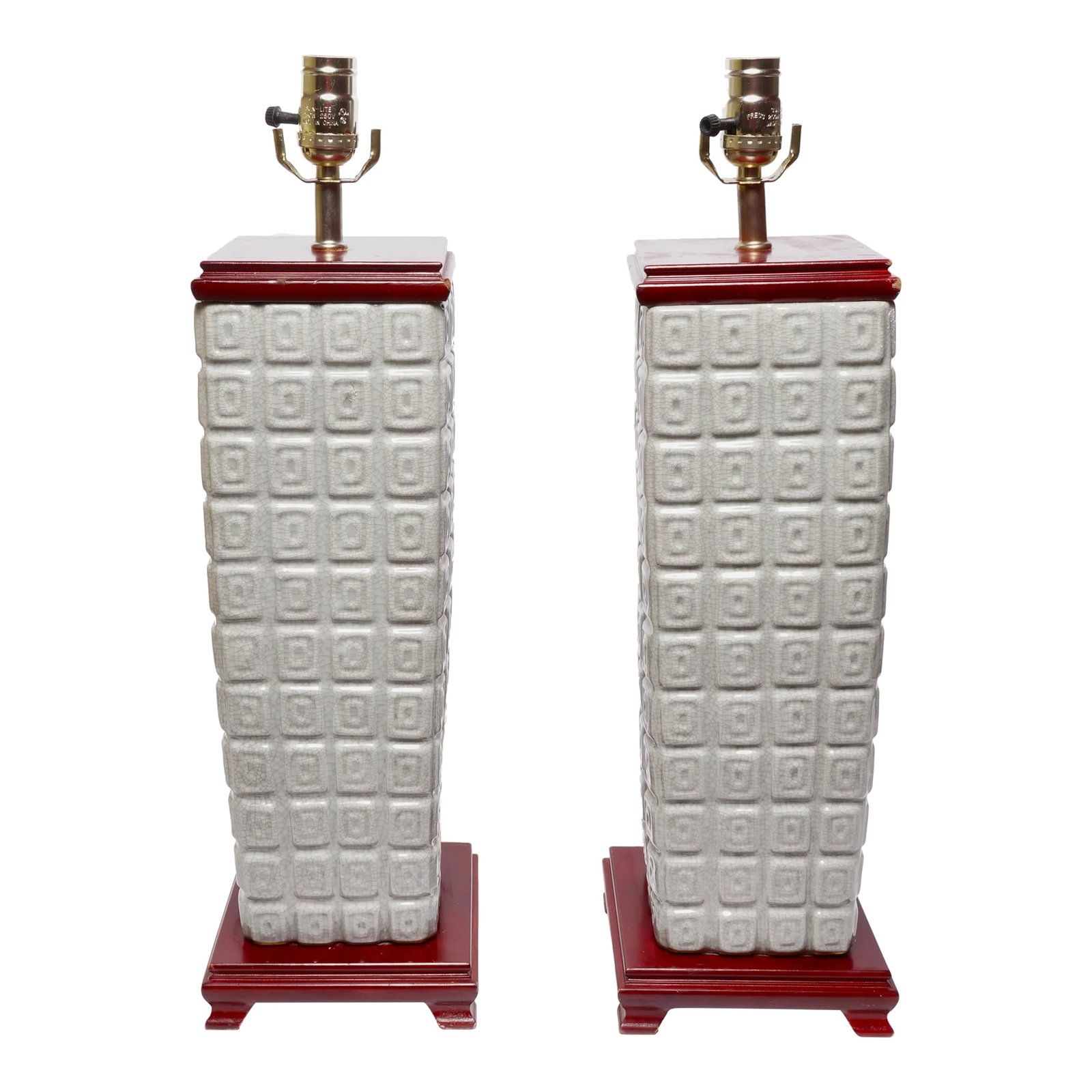 1980s Asian Gray Ceramic Chinese Pedestal Table Lamps - a Pair: 1980s Asian Gray Ceramic Chinese Pedestal Table Lamps. Lamps are in working order there is a slight bent at the top of one of the lamps. They just need the harps and two beautiful lamp shades. Will pa