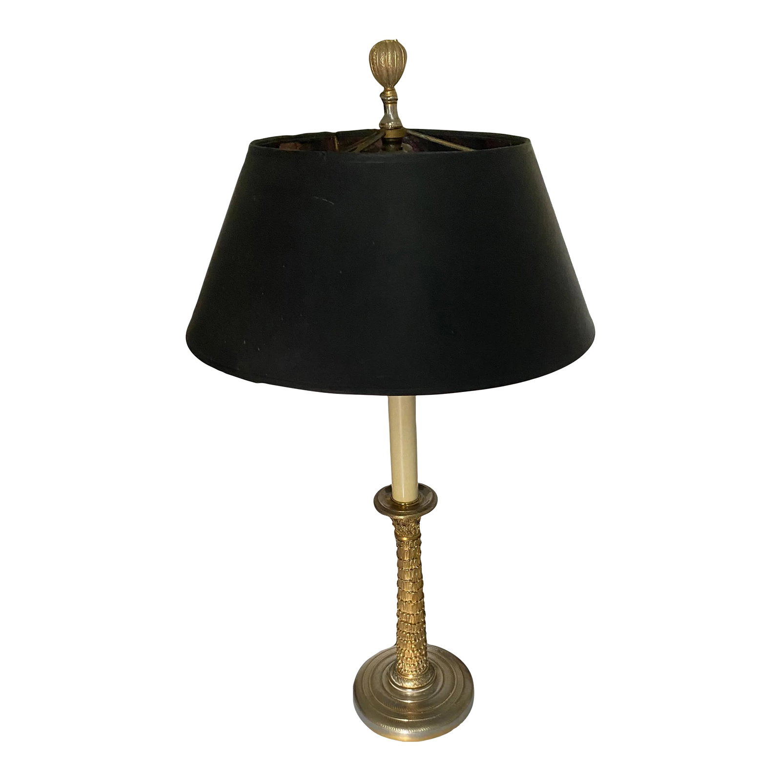 Antique Late 19th Century Gold Gilt Over Silver Empire Candlestick Lamp: top quality casting of a silver metal candlestick lamp with gold guilt, wash, acanthus leaf, casting with paper shade Condition: Alterations: Original Condition Unaltered Imperfections: Some Imperfect