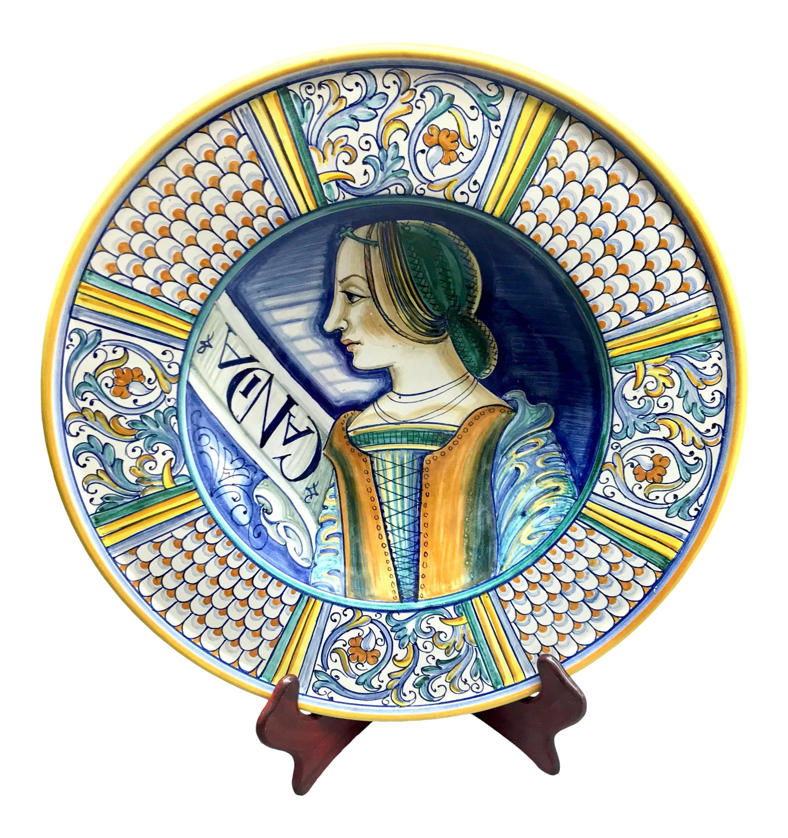 Handmade Italian Wall Plate 'Candia' by F. Niccacci: This is a very Rare piece. One of a kind. A Vintage ceramic decorative wall plate 'CANDIA' By Francesca Niccacci, Duarte, Italy 14.5" inches diameter with Her signature F. Niccacci Duarte, Italy