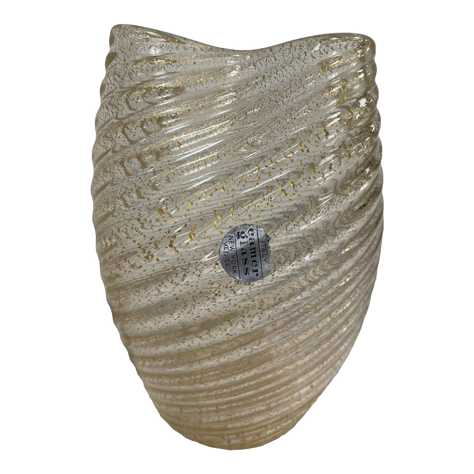Murano Italy Camer Gold Vase With Original Mica Sticker: An original Mica sticker graces this treasure, authenticating it's origin and adding to its prestige. A testament to its genuine Murano heritage, the Mica sticker bears the mark of the esteemed Camer 