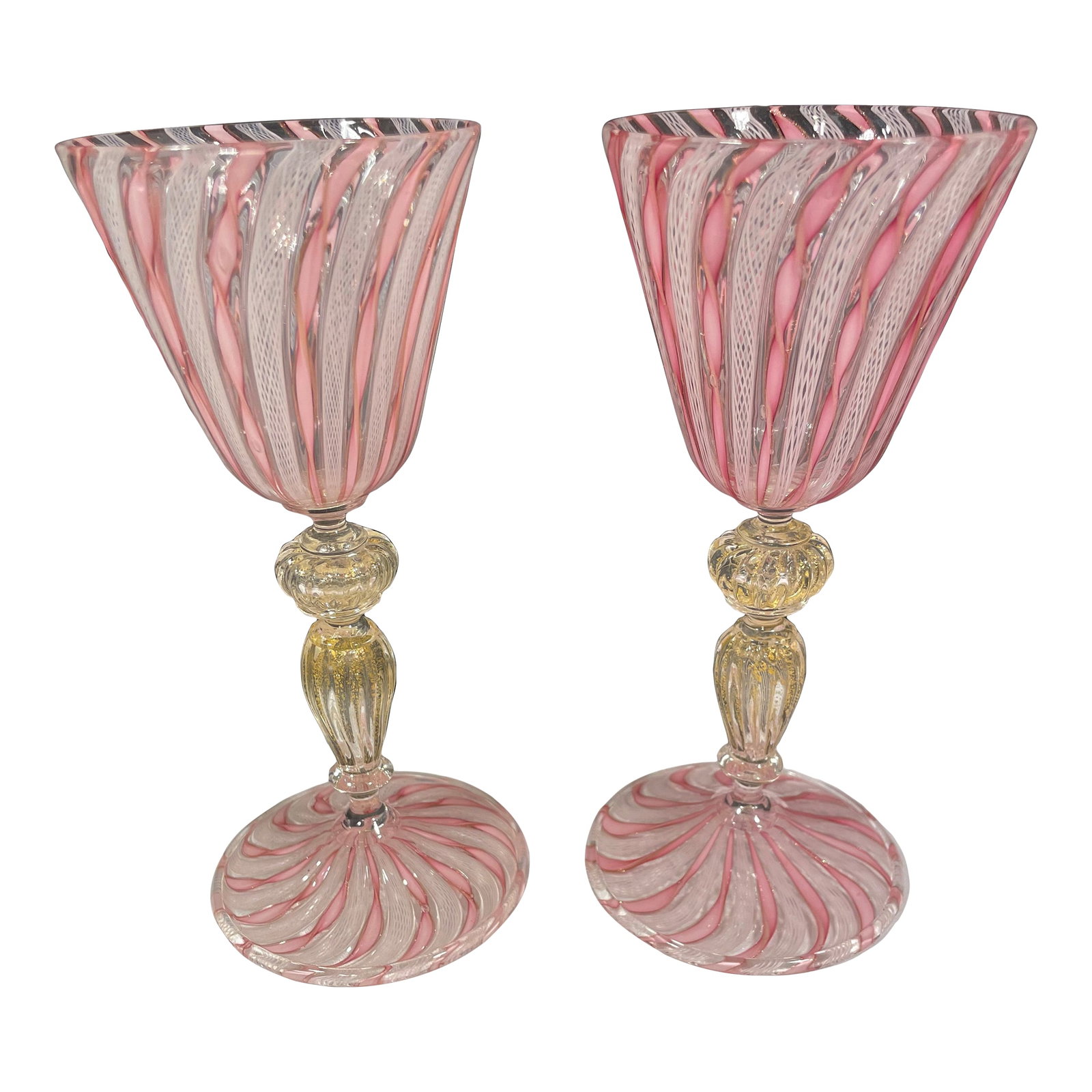 Set of 2 Zanfirico Salviati Murano Style Pink Ribbon Glass Gold Dust Wine Glasses: Rare Set of 2 Zanfirico Salviati Murano Pink Ribbon Glass Gold Dust Wine Glasses 6 3/4 inches tall Beautiful condition with no scratches, chips or damage. Condition: Alterations: Original Condition