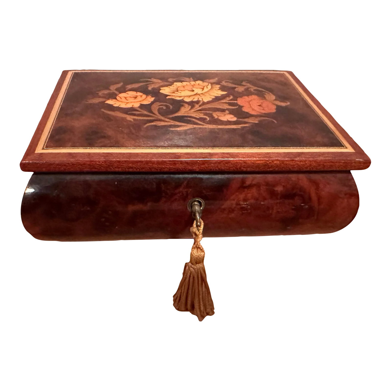1970s Italian Wooden Music Box With Decorative Inlay Floral Design Plays "Love Story": 1970's Vintage wood jewelry music box plays the theme from "Love Story". Floral inlay design in shades of umbers. Glossy Enamel finish. Royal blue velvet liner inside. Has a key and tassel for lock. C