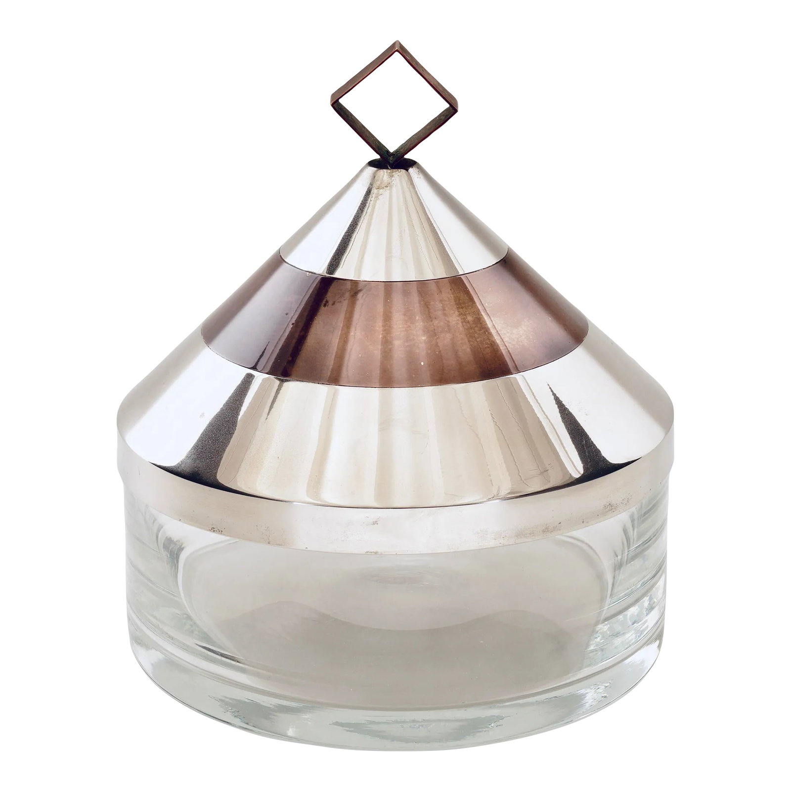 1970 Vintage Round Box in Glass Steel Gilded Brass Italian Design in the Style of Romeo Rega: Round box in glass steel and gilded brass Italian Design 1970 Romeo Rega. Item is in great shape perfect for your special items. Beautiful patina on the brass and chrome lid. -This Item is unmarked.