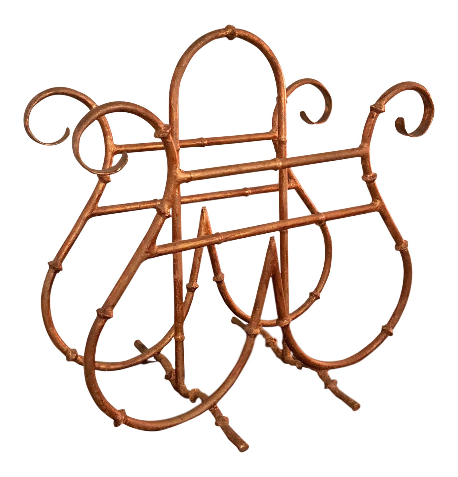 1950s Vintage Hollywood Regency Faux Bamboo Magazine Rack: This gorgeous vintage Hollywood Regency gilt, metal, and faux bamboo magazine rack is American-made, circa 1950. Like jewelry for your room! Note: Magazine shown is for display only and NOT included