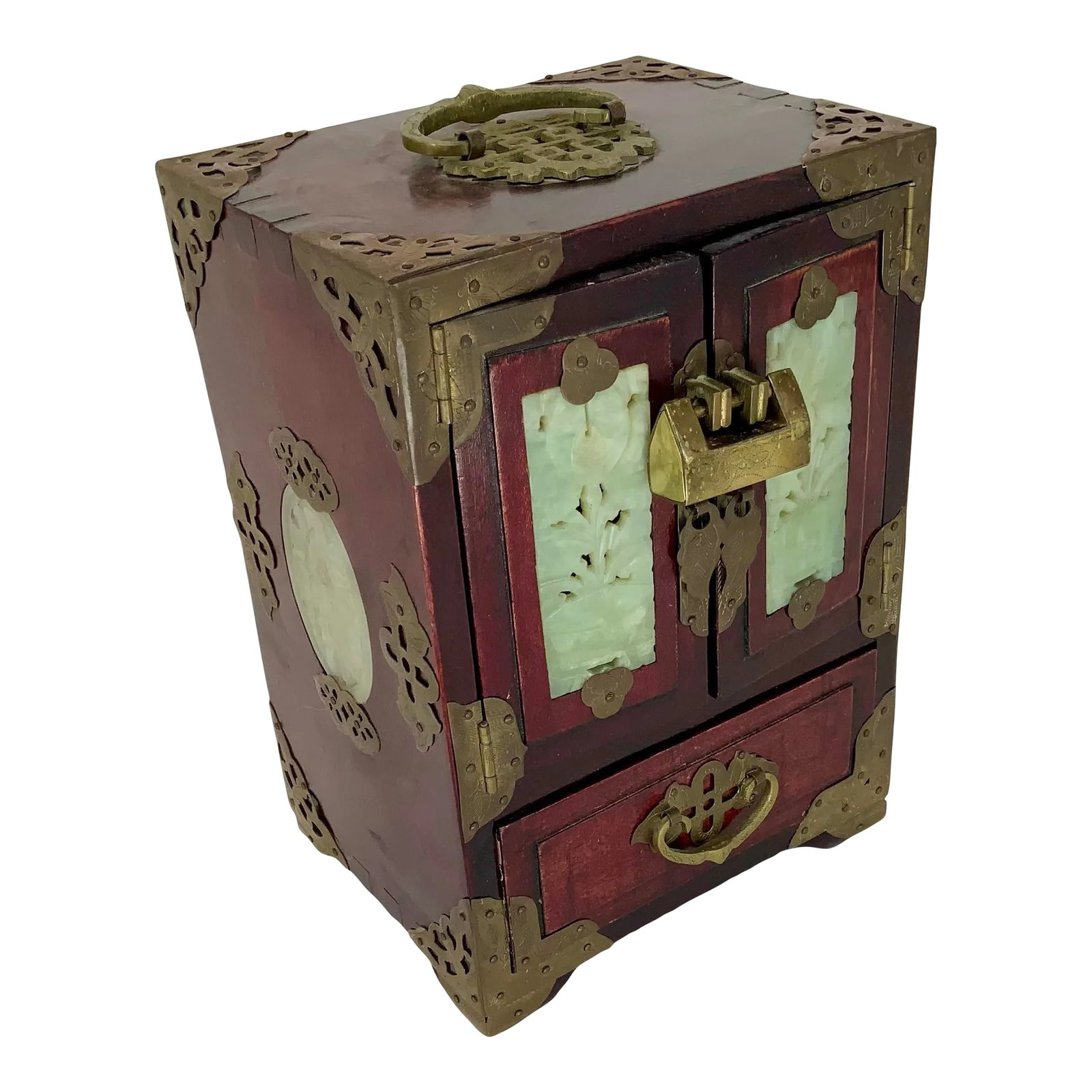 Vintage Chinese Jewelry Box With Carved Hardstone Inserts and Brass Hardware (1 of 10)