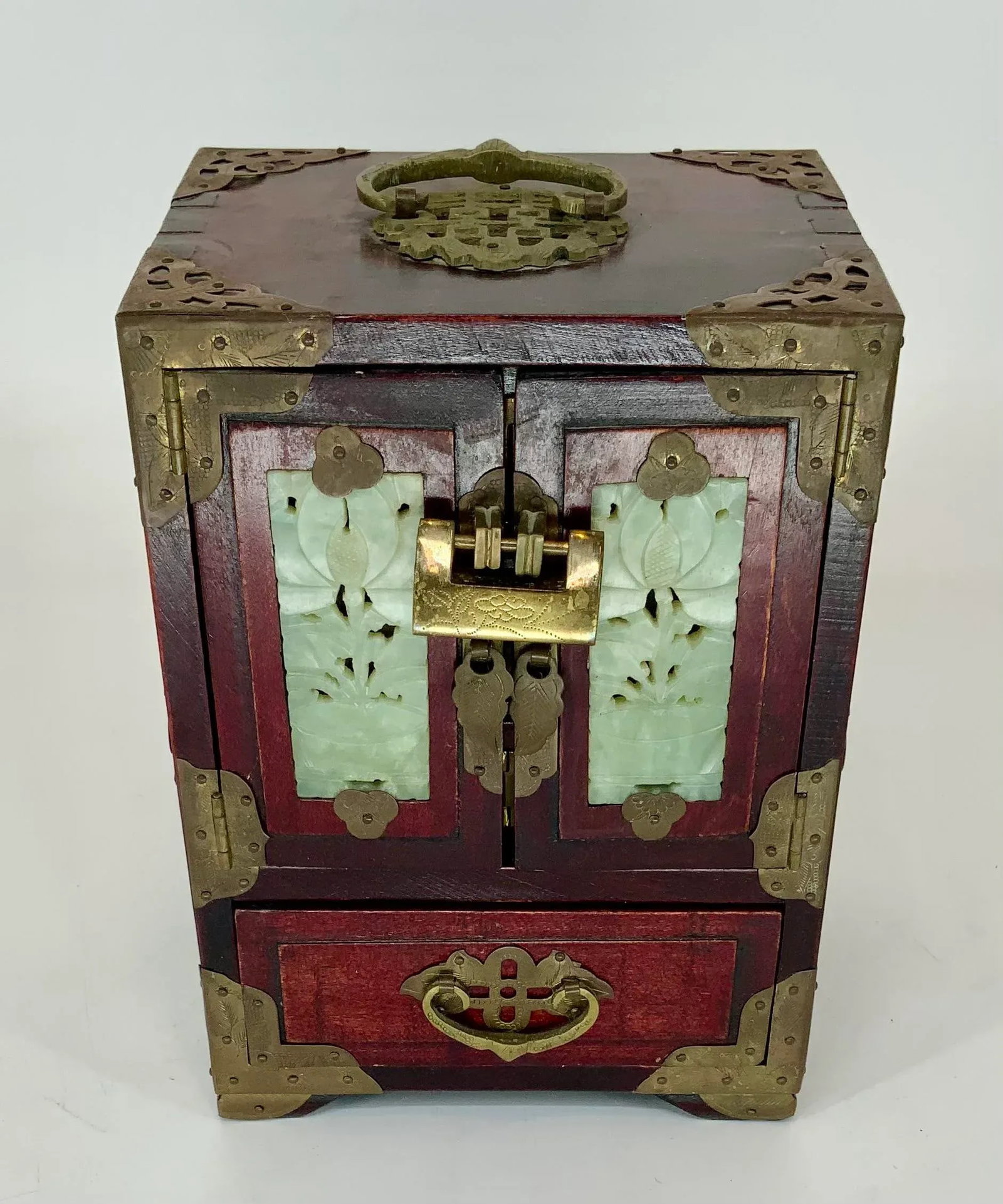 Vintage Chinese Jewelry Box With Carved Hardstone Inserts and Brass Hardware - 2