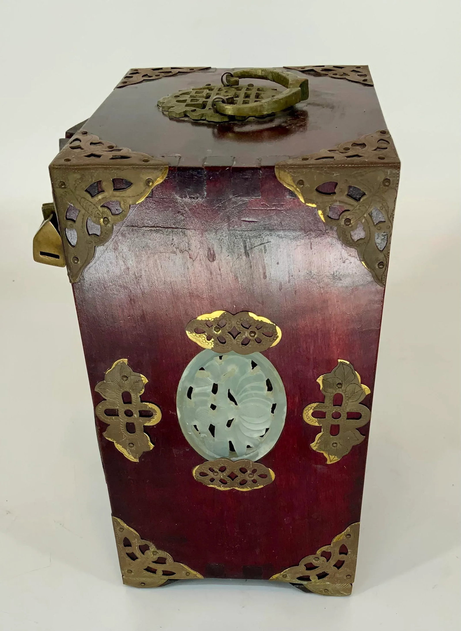 Vintage Chinese Jewelry Box With Carved Hardstone Inserts and Brass Hardware - 3