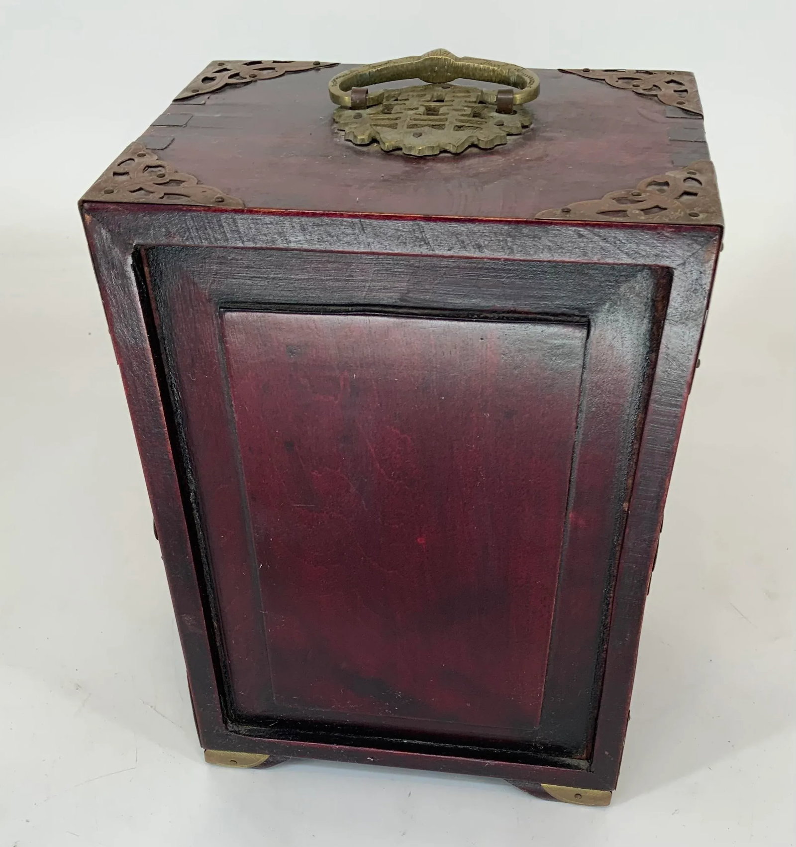 Vintage Chinese Jewelry Box With Carved Hardstone Inserts and Brass Hardware - 4