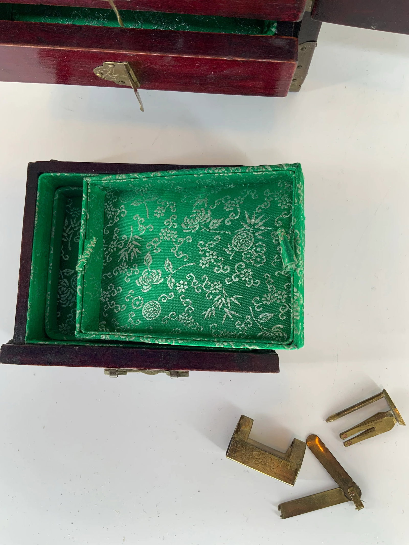 Vintage Chinese Jewelry Box With Carved Hardstone Inserts and Brass Hardware - 8