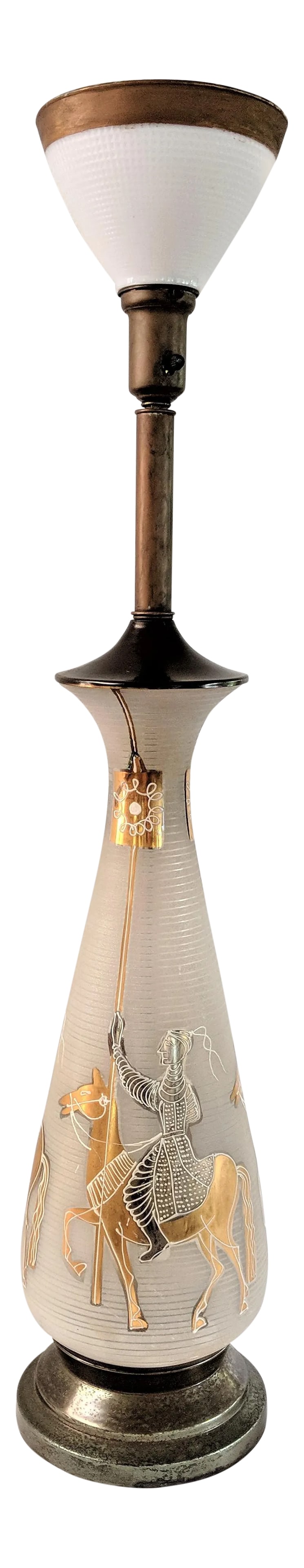 Mongolian Knights Italian Frosted Glass Lamp with 24k Gold: Interesting lamp featuring knights and horses with 24K gold graphics. Circa 1960. Condition: Alterations: Original Condition Unaltered Imperfections: Some Imperfections Condition Notes: Fair Condition
