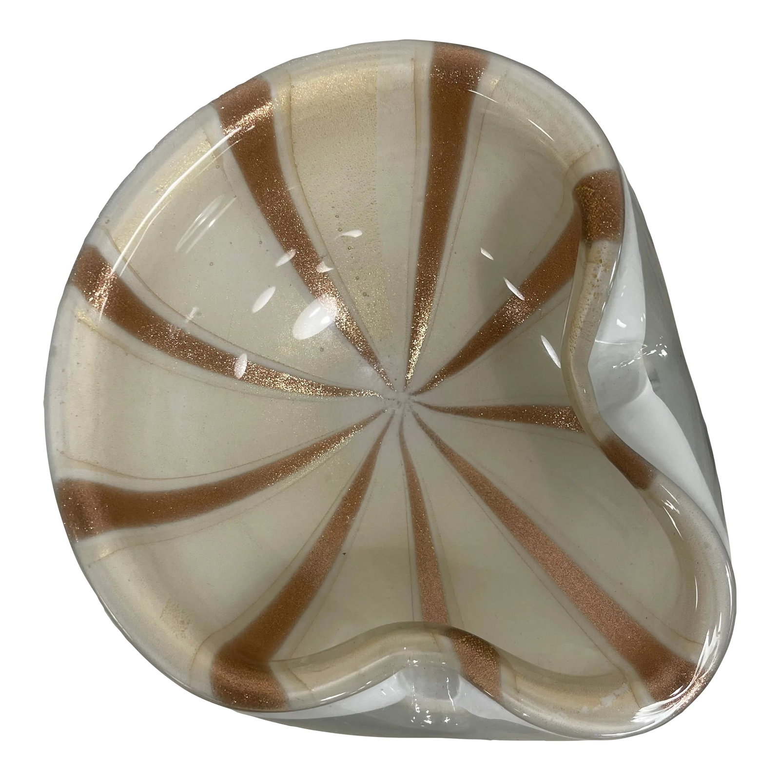 Circus Barbini 1950's Murano Attributed Glass Gold and Cream Bowl: This exquisite piece captures the enchanting spirit of mid century design, seamlessly blending opulence and whimsy. Crafted by master artisans in the historic Murano tradition, the bowl's delicate cur