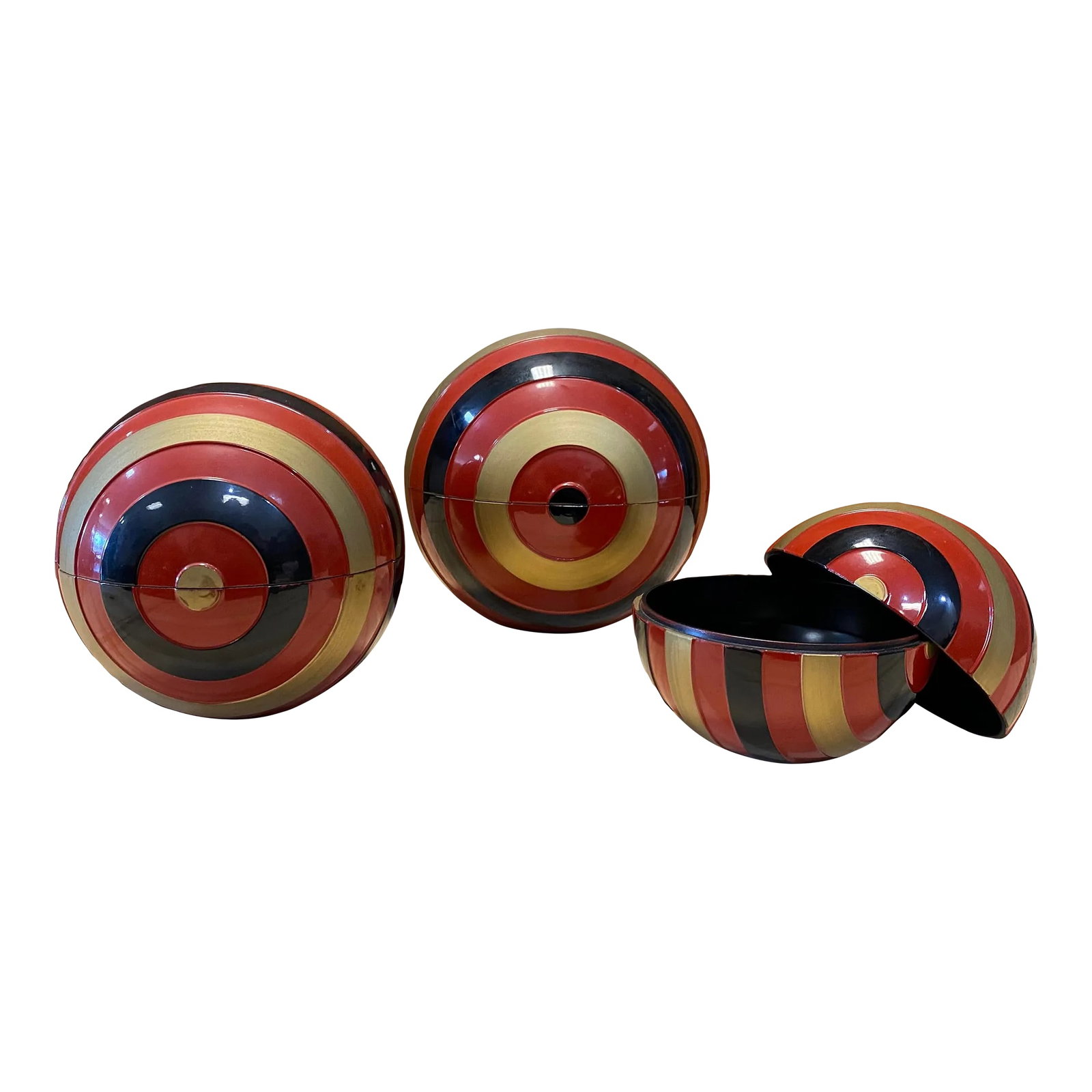 1980's Japanese Ball Shaped Plastic Tea Caddy Storage Containers, Set of 3: Wonderful set of 3 hard plastic storage containers painted in black, red and gold. These containers or Natsume (tea caddies), Made In Japan, are both useful and stunningly good looking. While in use