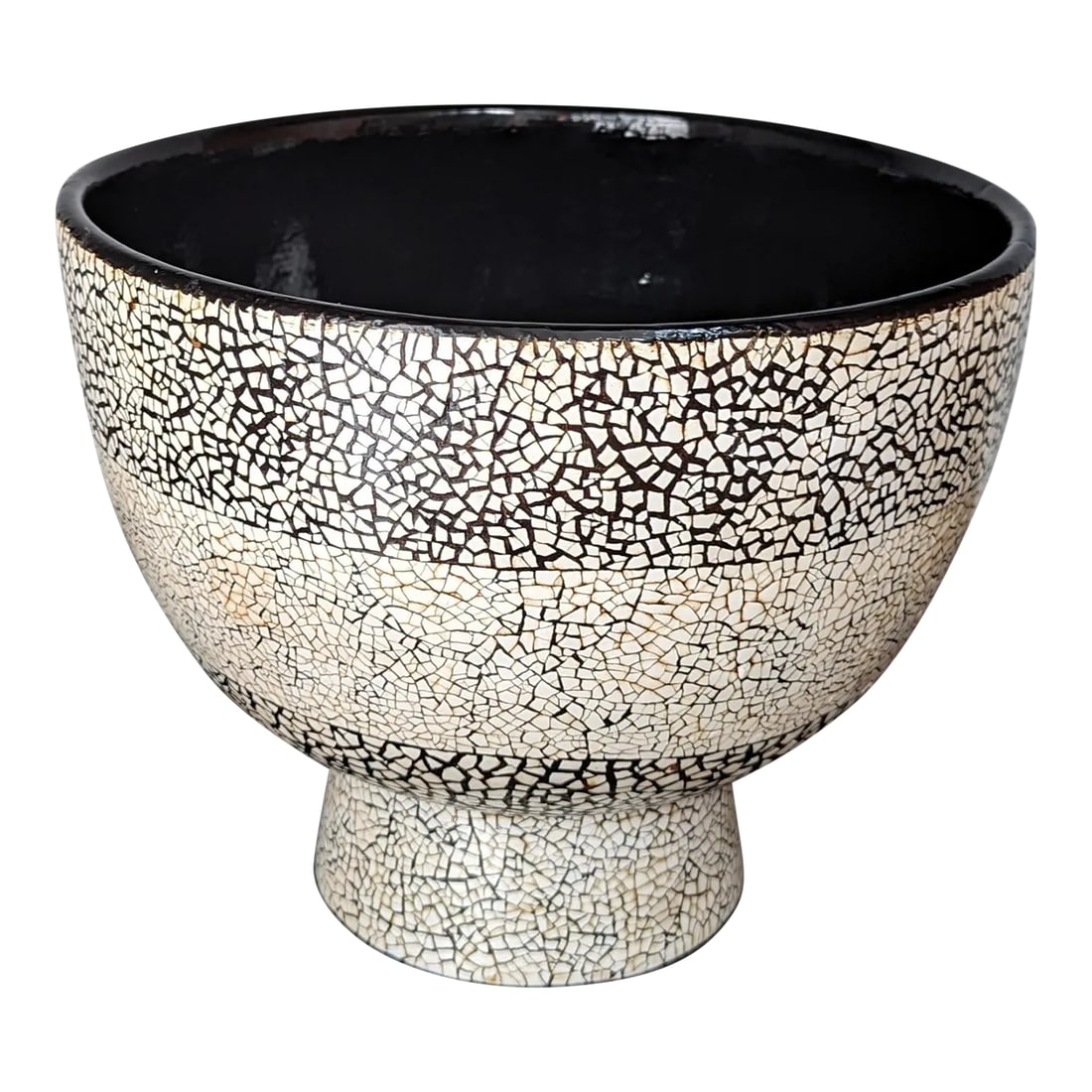Lacquered Eggshell Bowl - 1990's Vintage: Beautiful bowl with hand-applied pieces of eggshell, mounted on a wood base and sealed with numerous coats of lacquer. Made in a small workshop in Chang-Mai, Thailand. The clean, classic lines and war