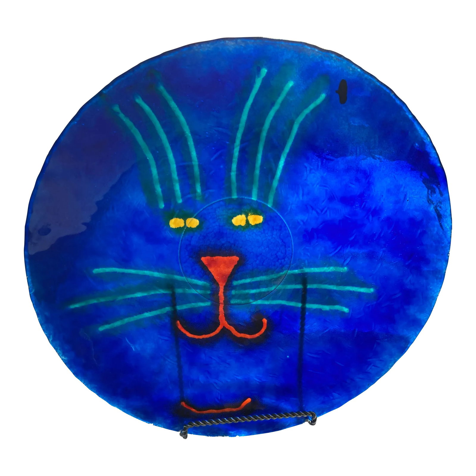 Modern Hand Painted Cobalt Blue Decorative Cat Plate by Jan Steninge Slott: A bold and expressive addition to your vintage finds, this unique painted display plate is by Swedish artist Jan Steninge Slott, known for her vivid and expressive work with glass and paint. The plate