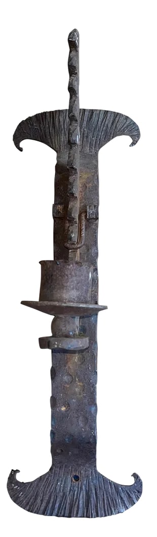 Early 20th Century Iron Single Light Wall Sconce: Well over 100 years old is this beautifully aged iron wall sconce. I love the adjustable mechanism to adjust the height to your desired level. Can be electrified for single light. Currently will hold