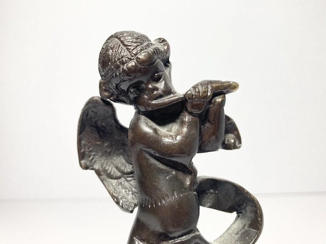 Antique Early 1900s French Cherub Putti Playing Flute Bronze Statuette - 2