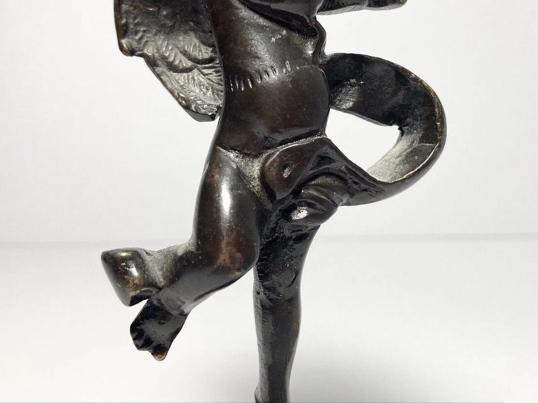 Antique Early 1900s French Cherub Putti Playing Flute Bronze Statuette - 3