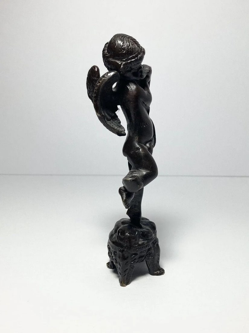 Antique Early 1900s French Cherub Putti Playing Flute Bronze Statuette - 5