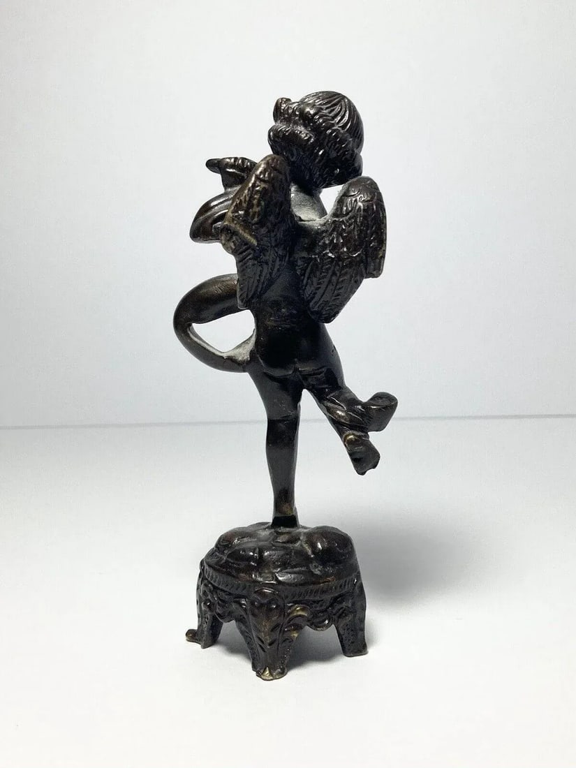 Antique Early 1900s French Cherub Putti Playing Flute Bronze Statuette - 6