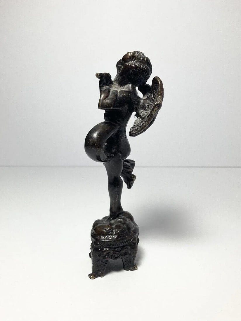 Antique Early 1900s French Cherub Putti Playing Flute Bronze Statuette - 7