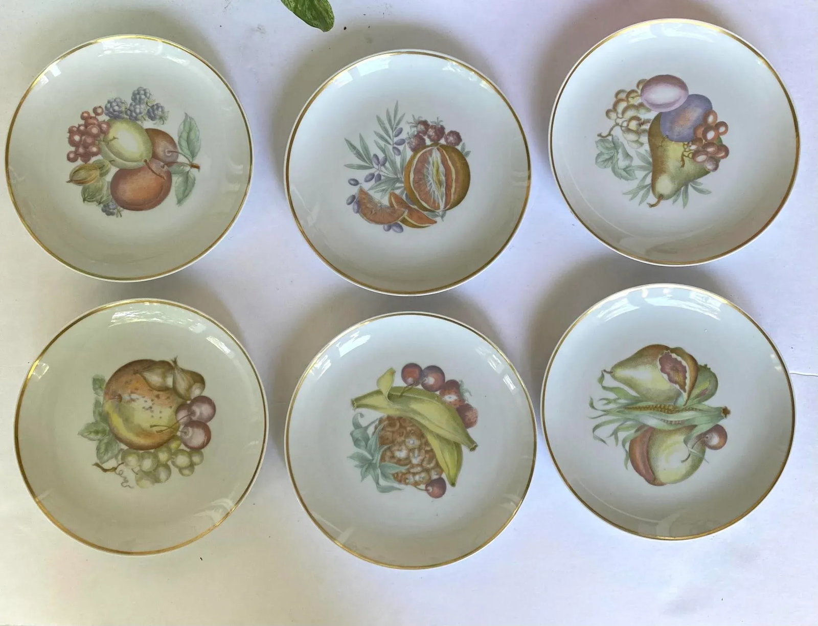 Vintage Upsala Ekeby Karlskrona 1960's Fruit Porcelain Plates With Gold Rim - Set of 6 - 12