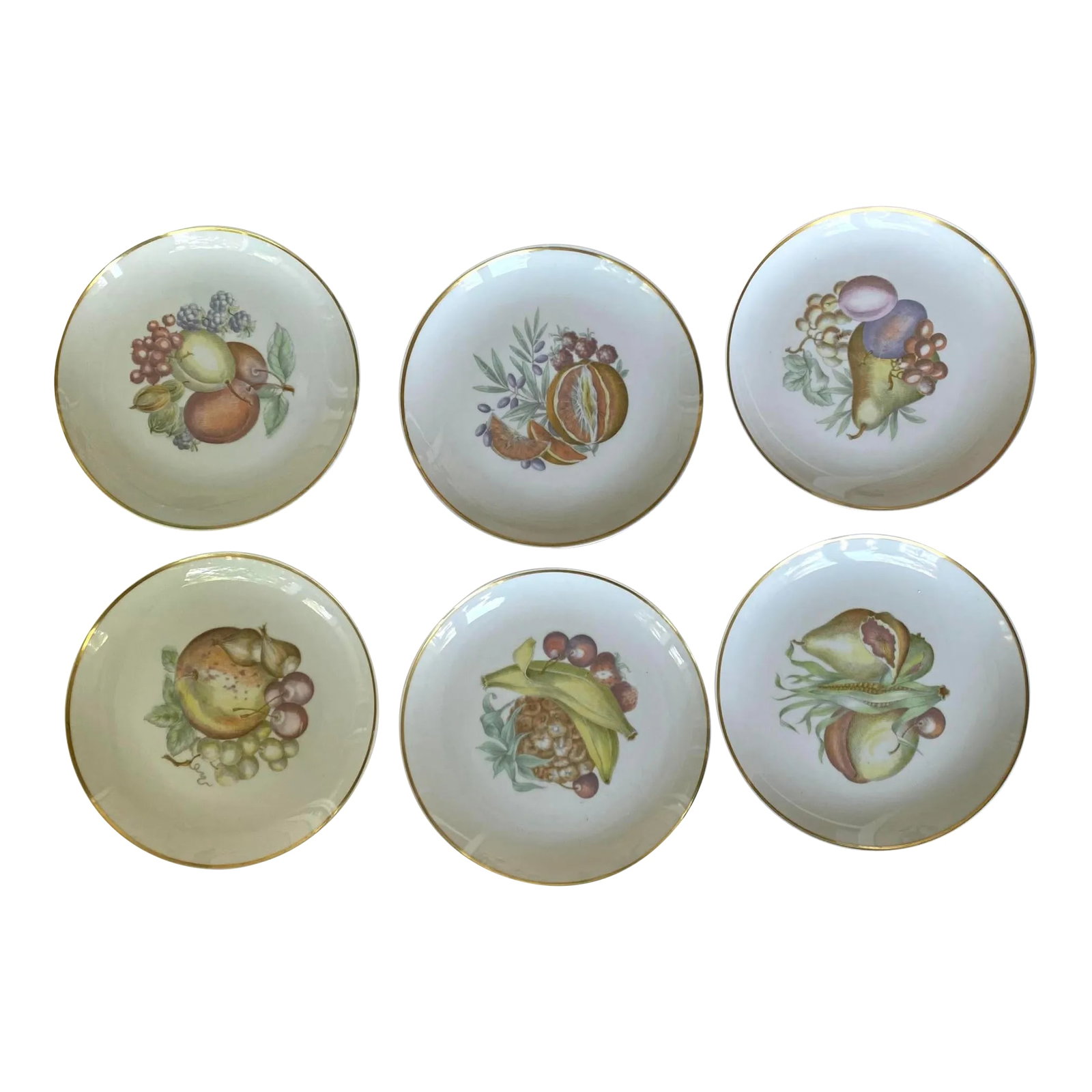 Vintage Upsala Ekeby Karlskrona 1960's Fruit Porcelain Plates With Gold Rim - Set of 6: The Upsala Ekeby Karlskrona Fruit Plates feature a colorful design with various fruits in the center and gold rim, depicted on the ceramic surface. Its pattern includes apples, pears, cherries,