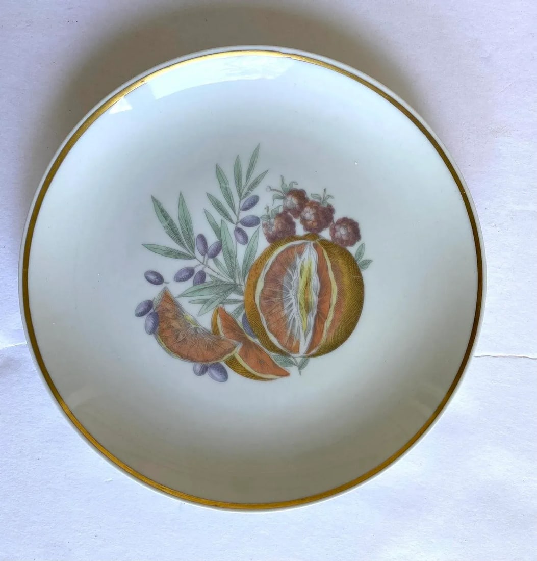 Vintage Upsala Ekeby Karlskrona 1960's Fruit Porcelain Plates With Gold Rim - Set of 6 - 3