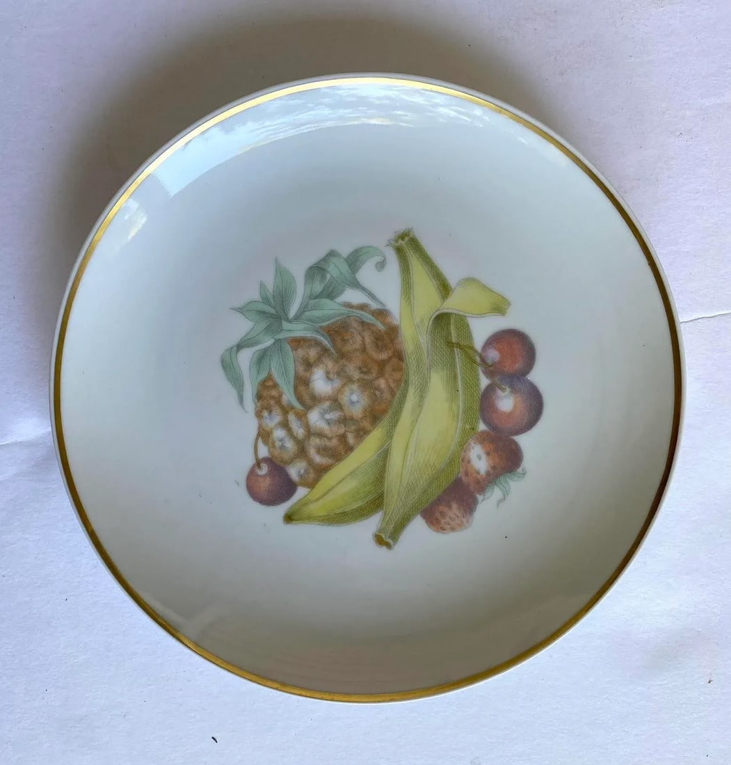 Vintage Upsala Ekeby Karlskrona 1960's Fruit Porcelain Plates With Gold Rim - Set of 6 - 6