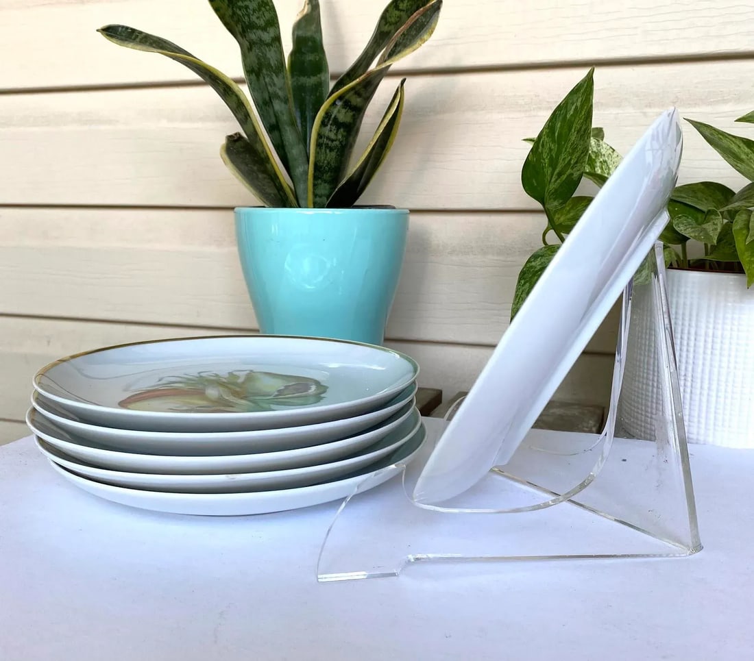 Vintage Upsala Ekeby Karlskrona 1960's Fruit Porcelain Plates With Gold Rim - Set of 6 - 8
