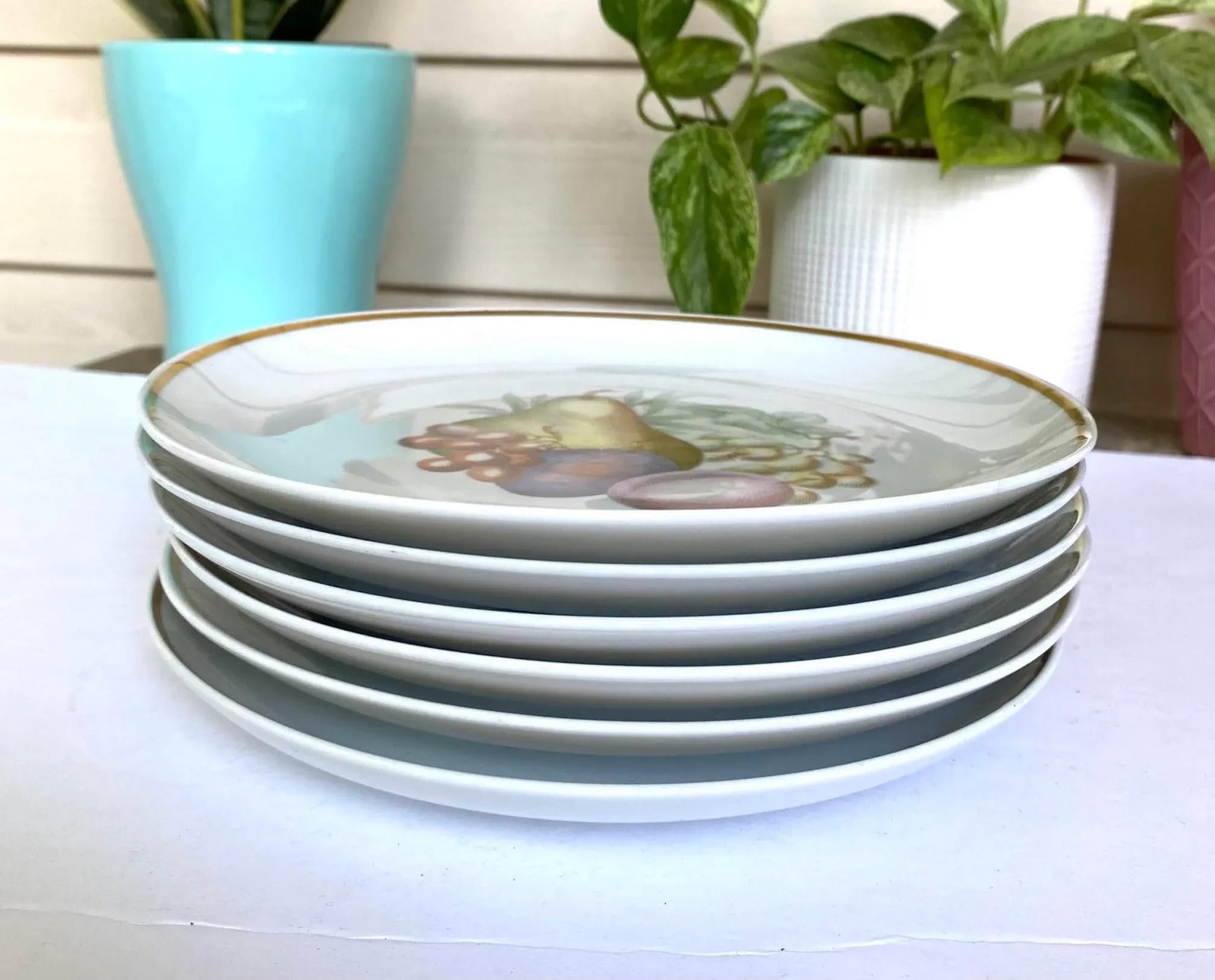 Vintage Upsala Ekeby Karlskrona 1960's Fruit Porcelain Plates With Gold Rim - Set of 6 - 9
