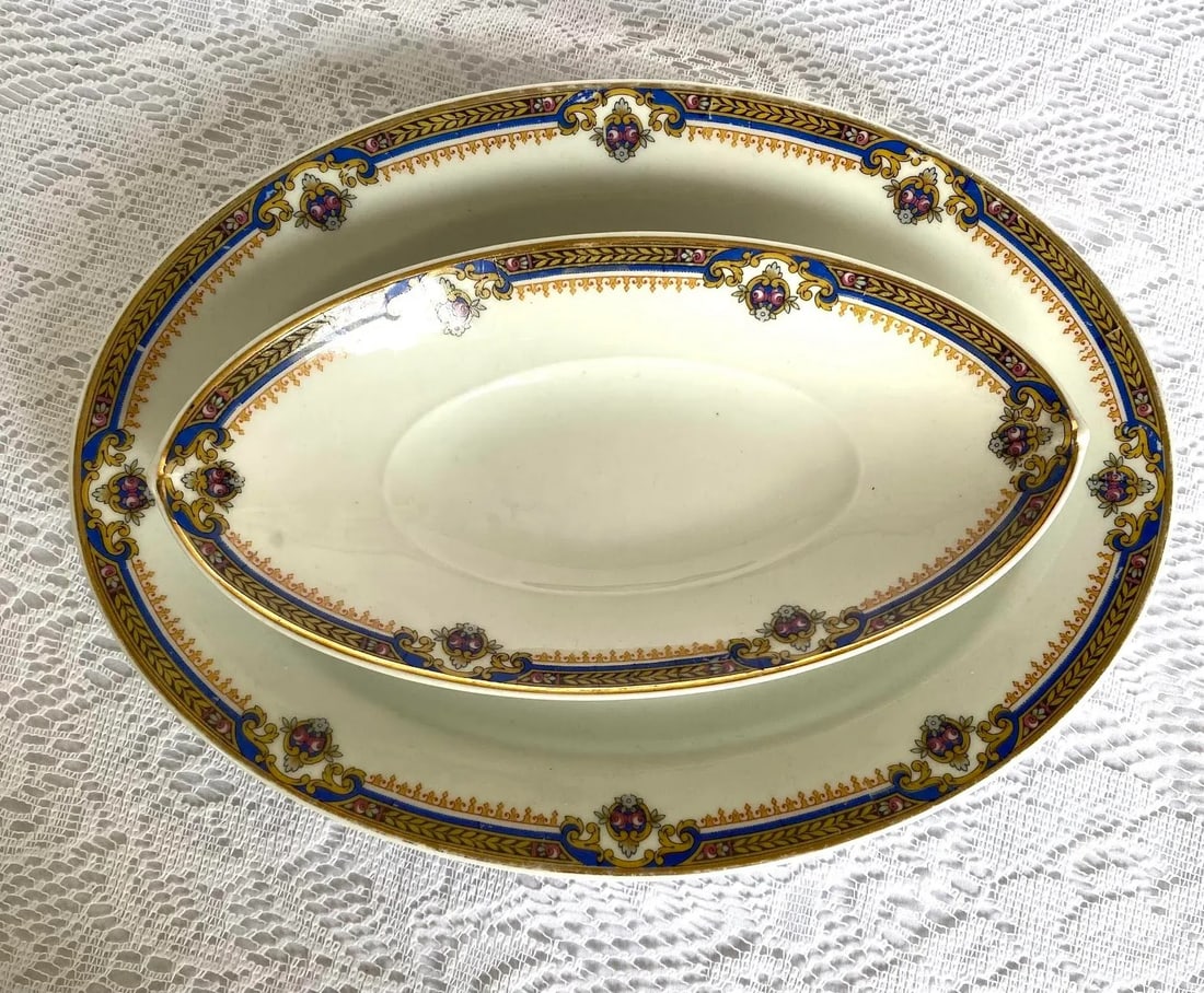 1929 Vintage Union Ceramique Limoges 7 Pieces Serving Set with Roses, Blue Band, Yellow Laurel, Gold - 10