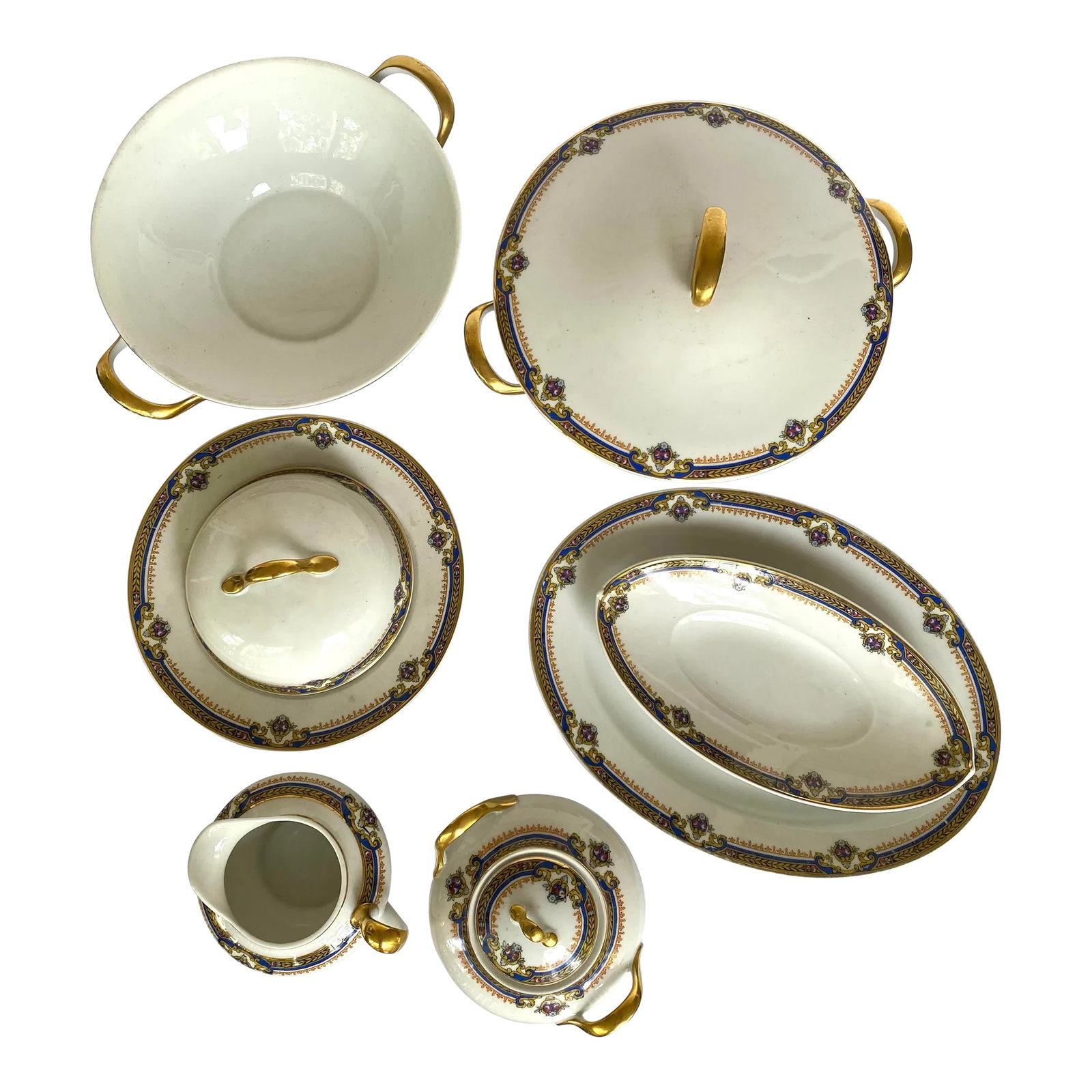 1929 Vintage Union Ceramique Limoges 7 Pieces Serving Set with Roses, Blue Band, Yellow Laurel, Gold: The Set is stamped with the Limoges France Unique mark, which was created in 1929 by the union of Limoges porcelain manufacturers. This label was to certify that the item marked by it is a genuine Lim