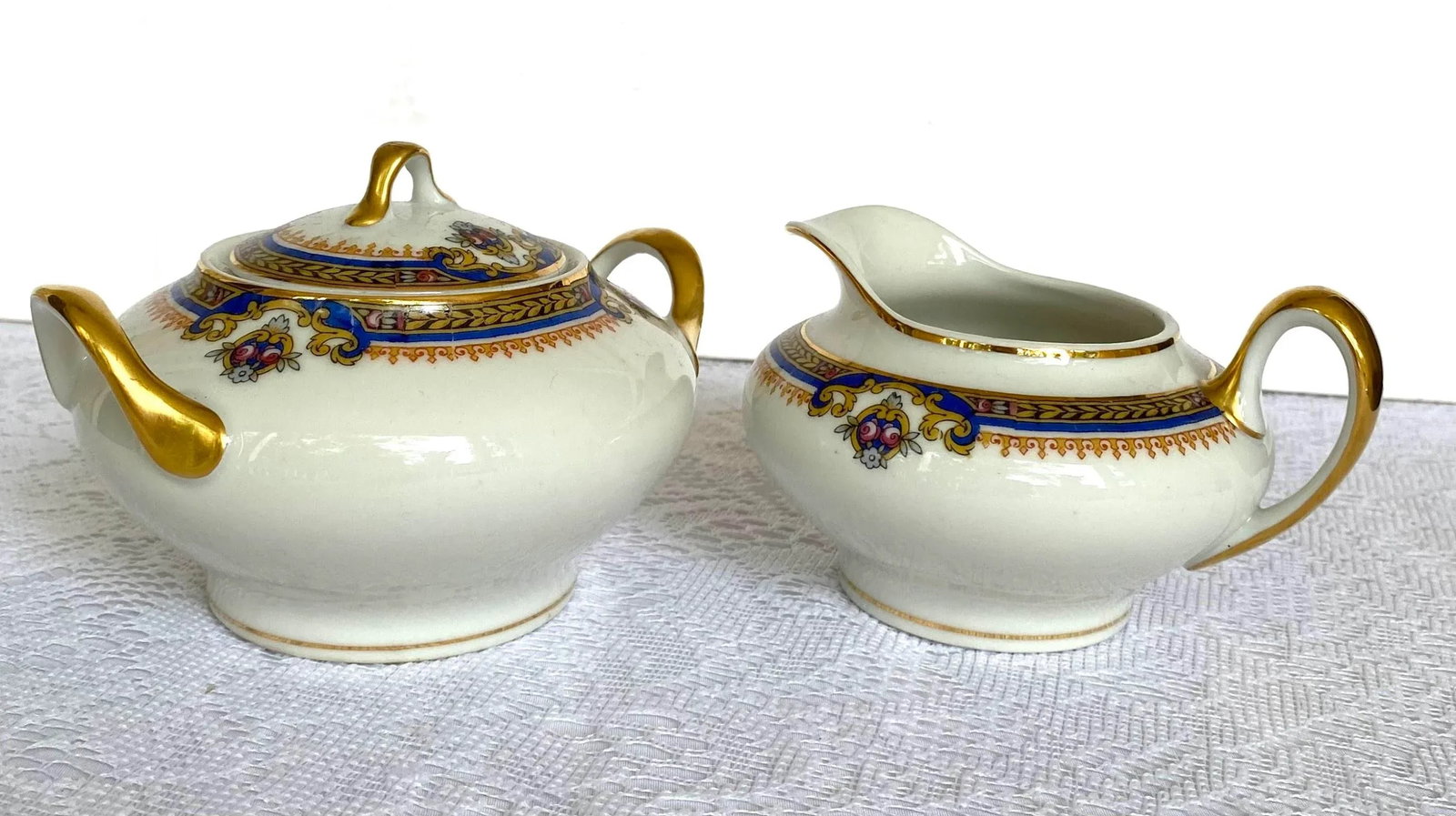 1929 Vintage Union Ceramique Limoges 7 Pieces Serving Set with Roses, Blue Band, Yellow Laurel, Gold - 2