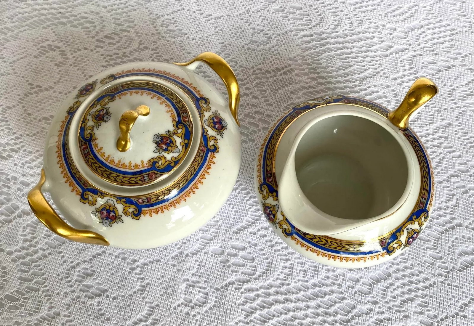 1929 Vintage Union Ceramique Limoges 7 Pieces Serving Set with Roses, Blue Band, Yellow Laurel, Gold - 3