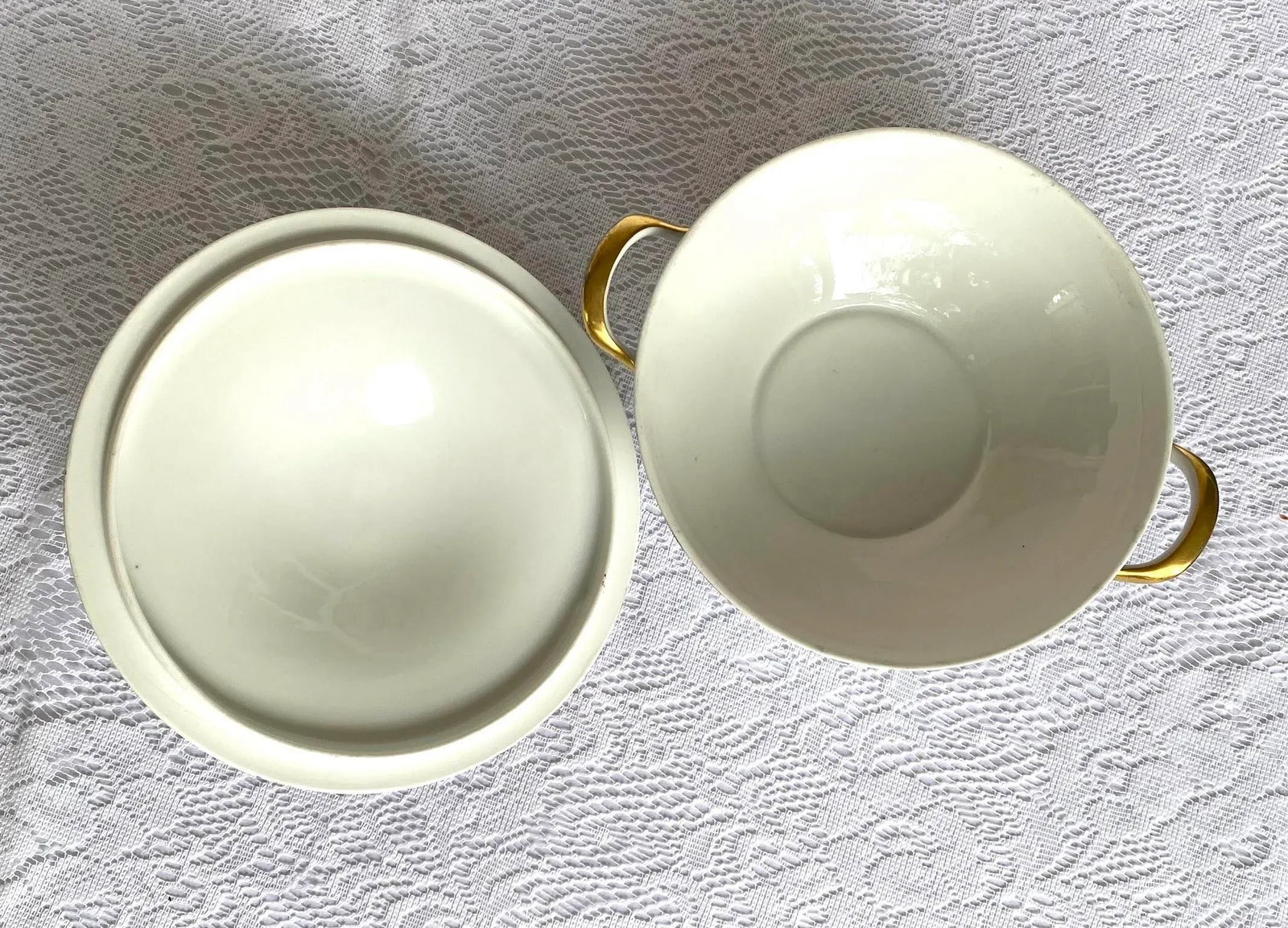 1929 Vintage Union Ceramique Limoges 7 Pieces Serving Set with Roses, Blue Band, Yellow Laurel, Gold - 4