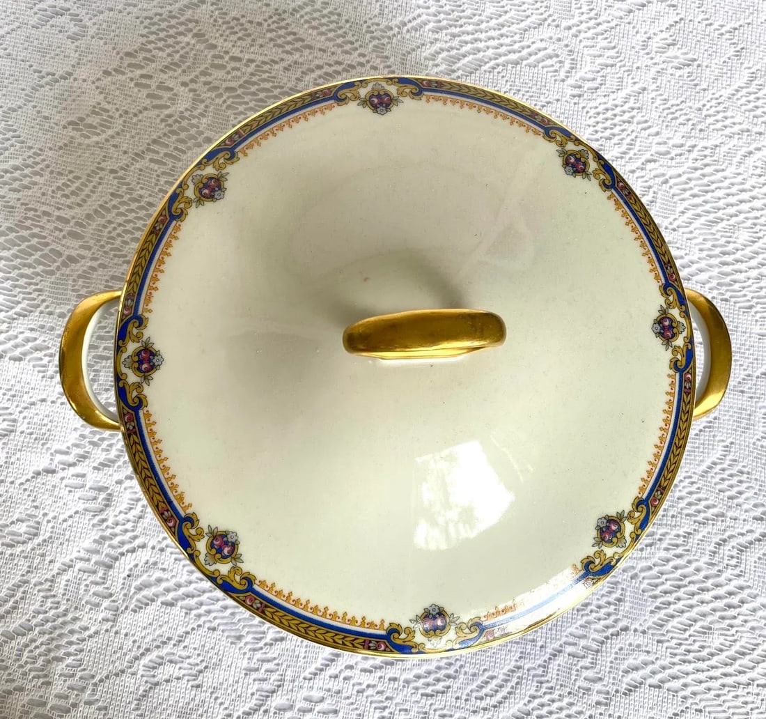 1929 Vintage Union Ceramique Limoges 7 Pieces Serving Set with Roses, Blue Band, Yellow Laurel, Gold - 5
