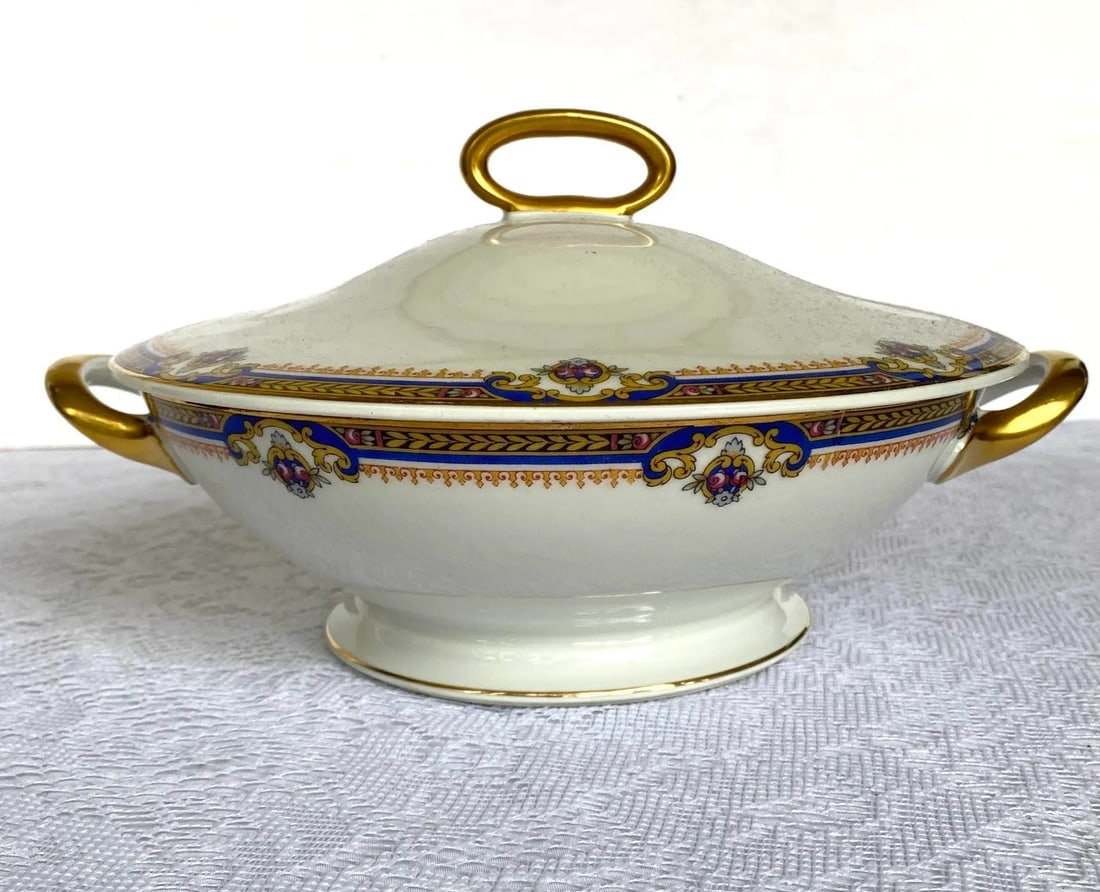 1929 Vintage Union Ceramique Limoges 7 Pieces Serving Set with Roses, Blue Band, Yellow Laurel, Gold - 6