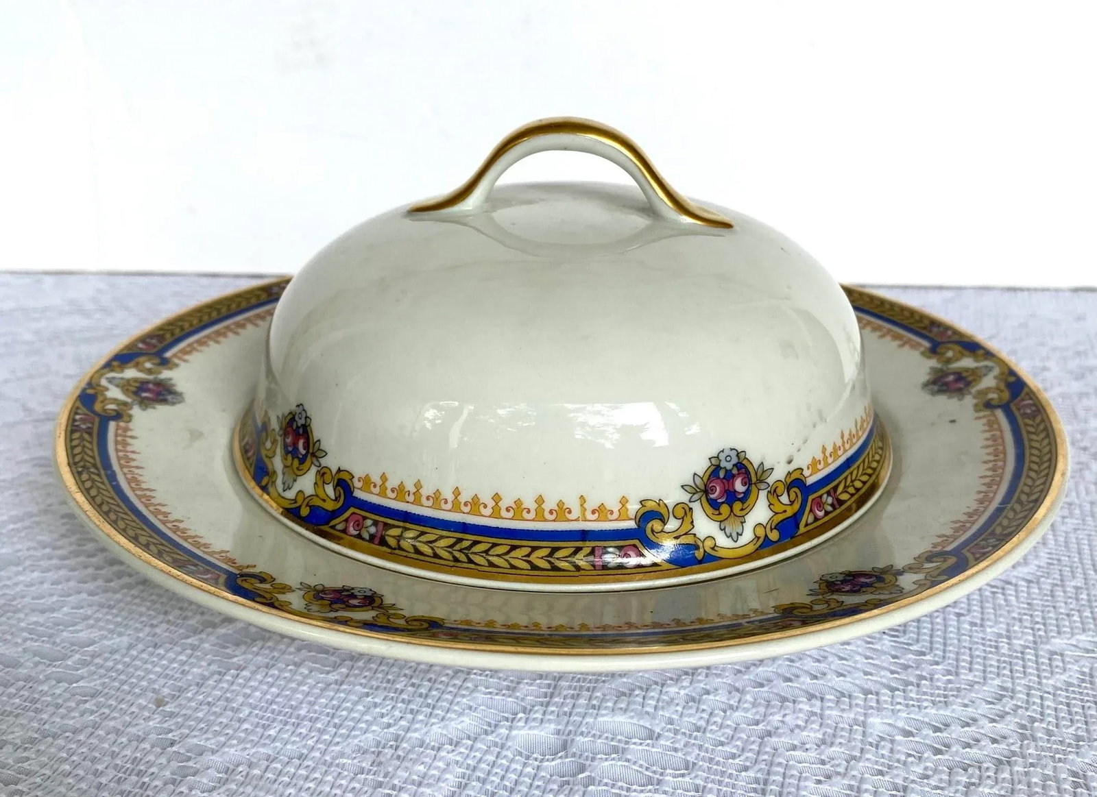 1929 Vintage Union Ceramique Limoges 7 Pieces Serving Set with Roses, Blue Band, Yellow Laurel, Gold - 7